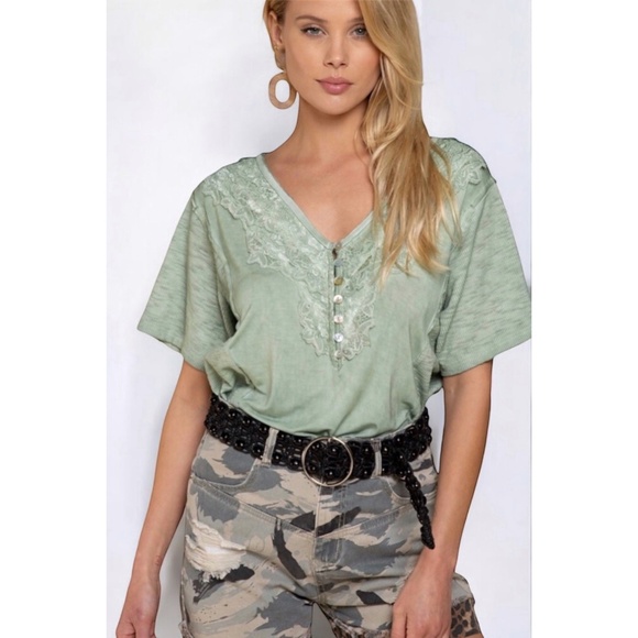 POL Tops - POL Petal Pusher Lace Trimmed Henley Tee in Green Lily